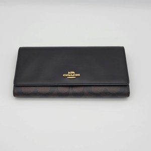 Coach C5966 Signature Slim Trifold Wallet Clutch Brown Black Logo